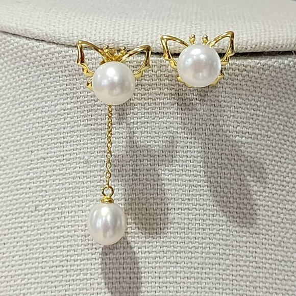 White Cultured Freshwater Pearl Dangle‎ Jacket Butterfly Earrings Gold Plated - Picture 10 of 13